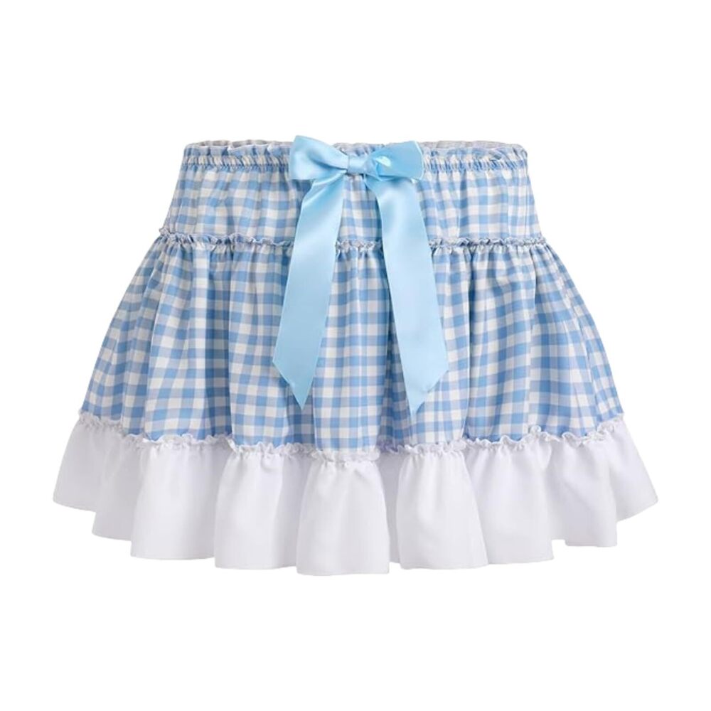 1260 Adult Gingham Short Skirt Pleated Bowtie Ruffle A Line Plaid Mini